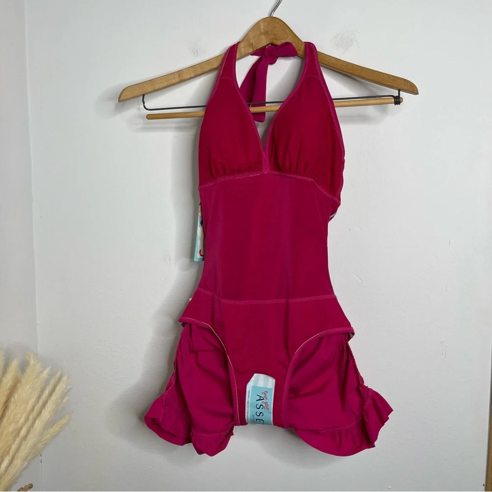 SPANX Love Your Assets Ruffle Halter Swim Dress in Sunset Pink Size S NWT Barbie - Picture 12 of 16